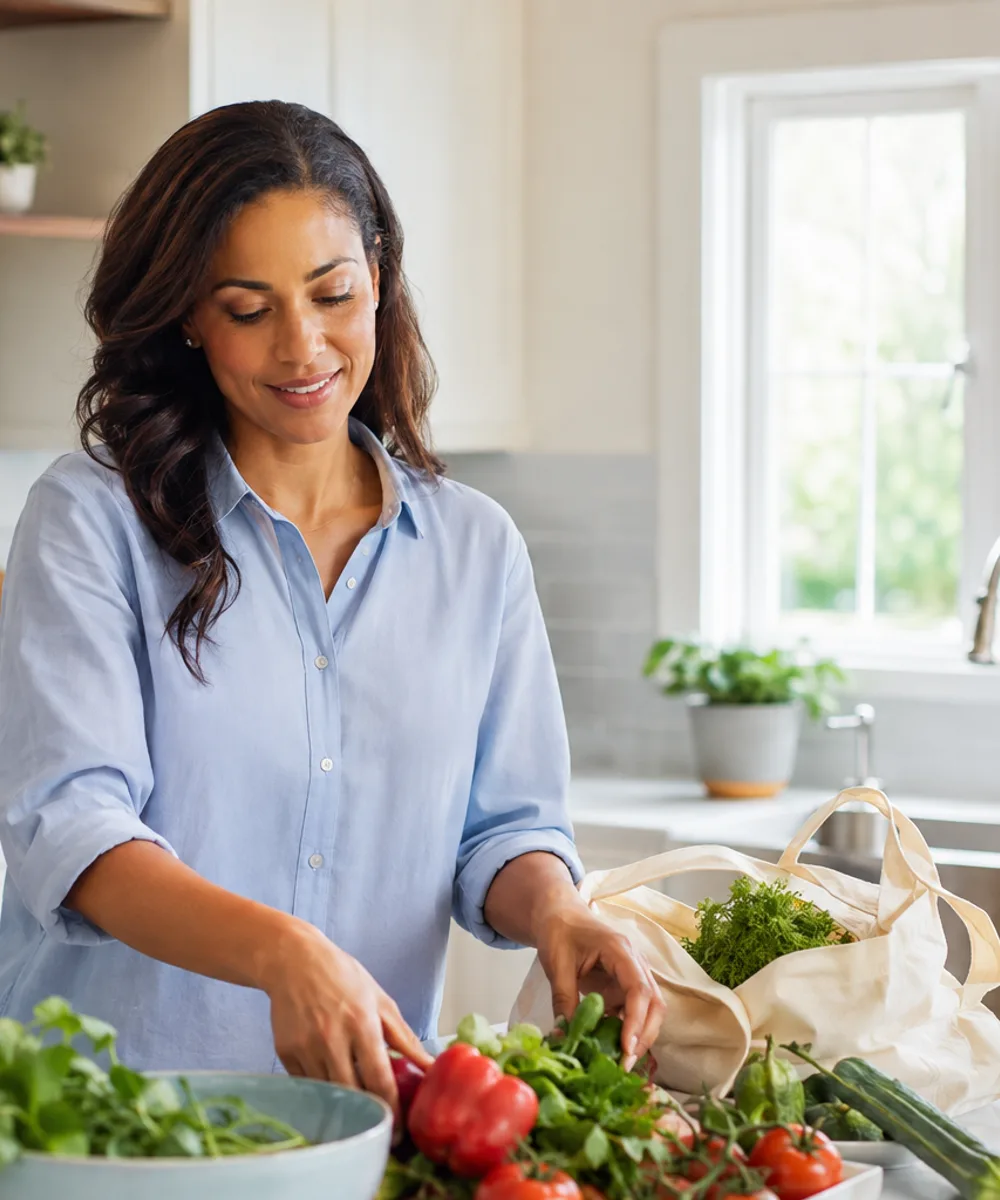 A home helper preparing food in a bright residential kitchen